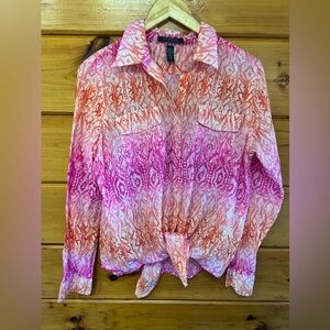 Lauren Ralph Lauren Cotton Ikat Ombre Tie-Waist Button-Up Shirt Sz L Aztec